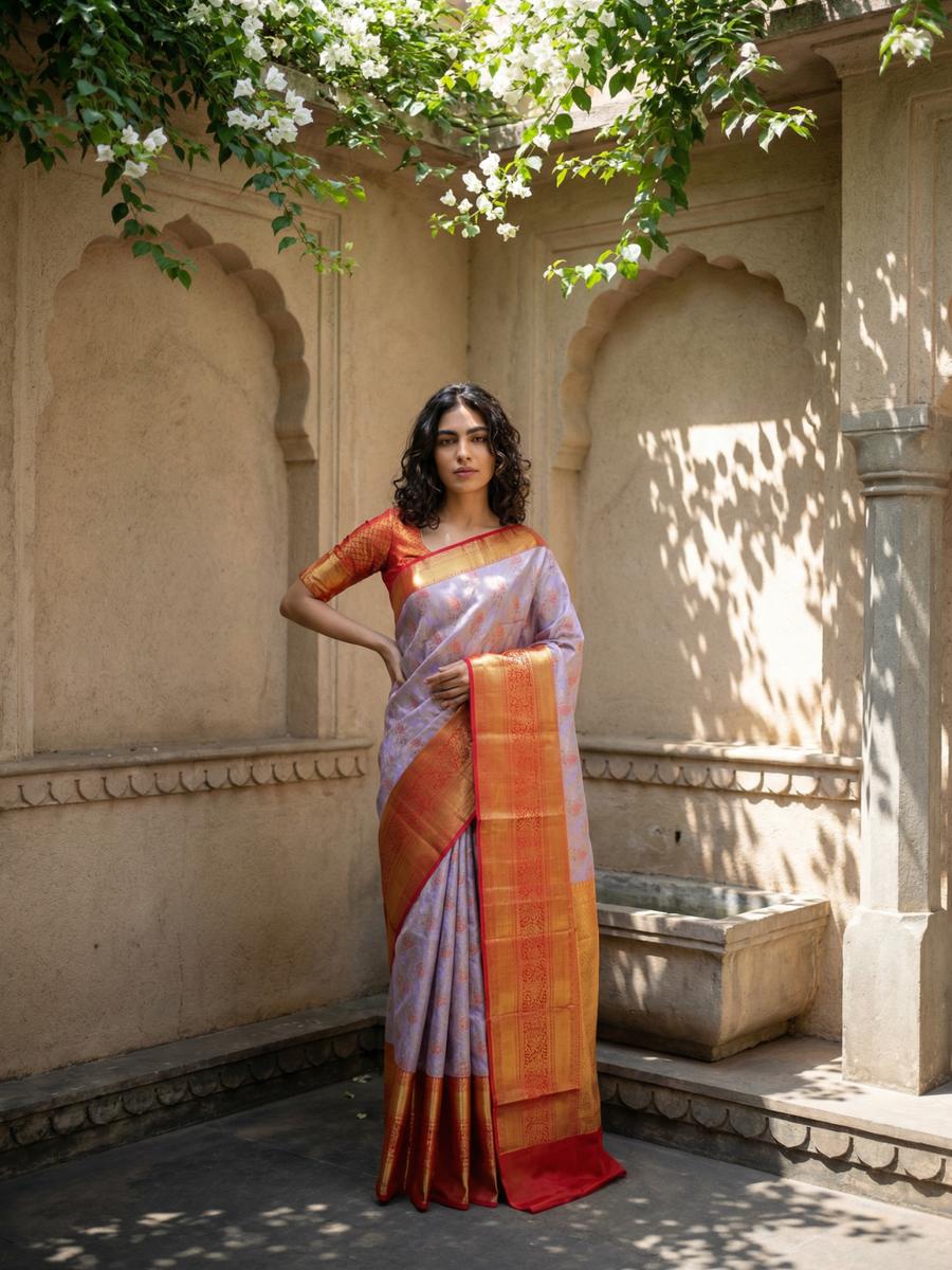 Lavender Gold Dharmavaram Inspired Semi Silk Saree with Wide Contrast Border