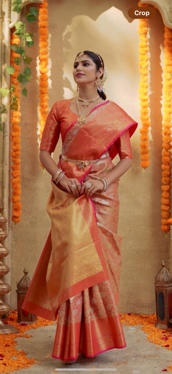 Warm Orange & Rani Pink Kanchipuram Inspired Semi Silk Saree with Floral Brocade & Rich Gold Pallu