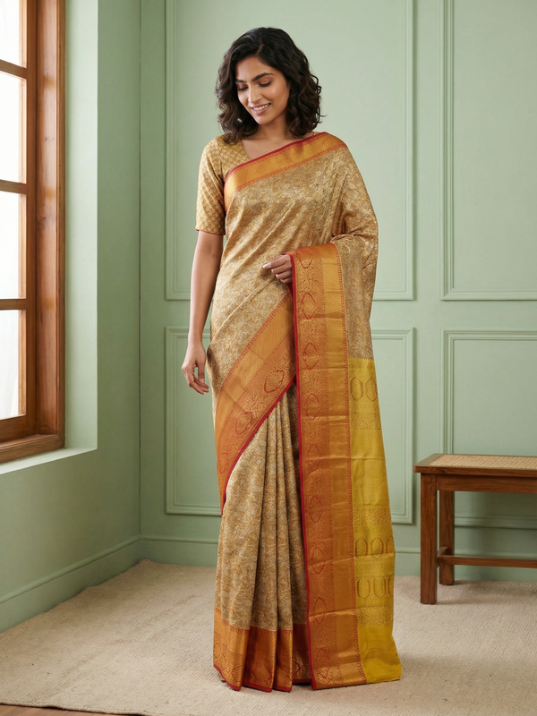 Cream Gold Kanchipuram Inspired Semi Silk Saree with Wide Contrast Border
