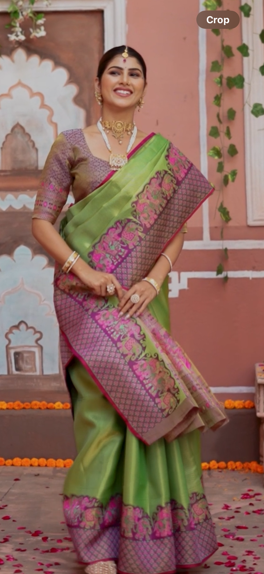 Lime Green & Magenta Kanchipuram Kalamkari Fusion Semi Silk Saree with Elephant Zari Border & Heritage Pallu