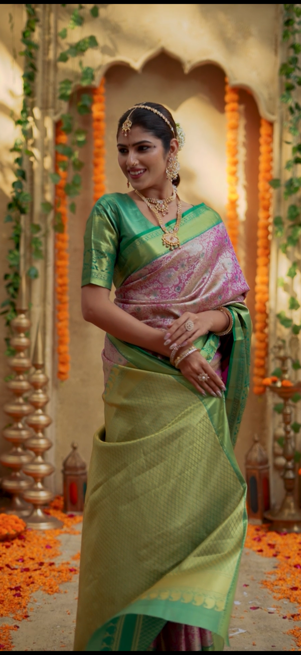Parrot Green & Rose Pink Kanchipuram Inspired Semi Silk Saree with Floral Brocade & Zari Border