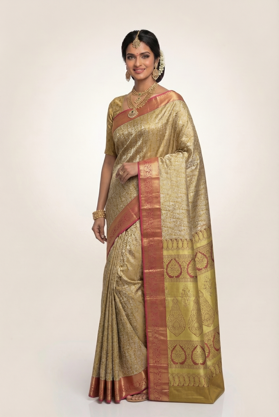 Mustard Gold Gadwal Inspired Semi Silk Saree with Wide Contrast Border