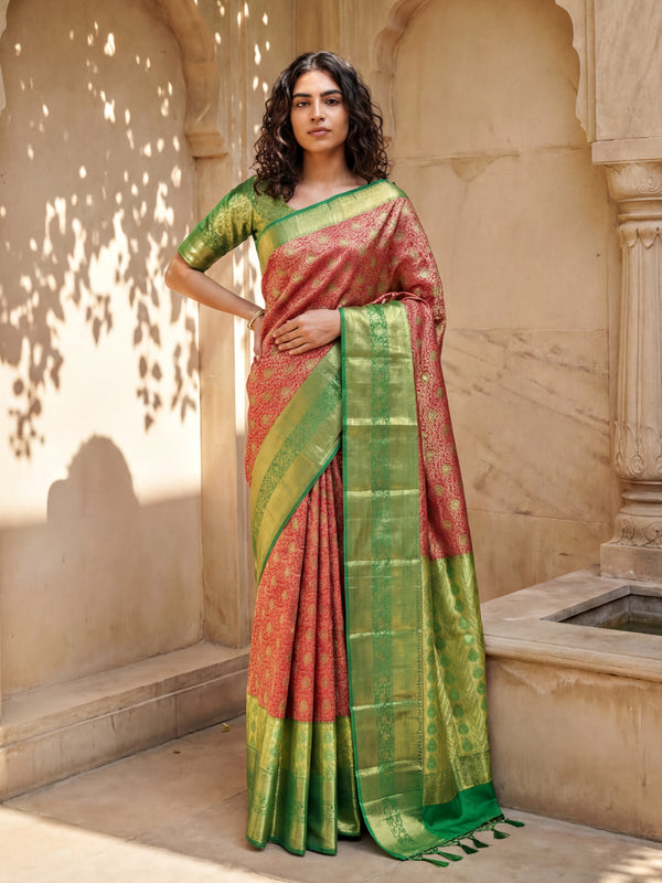 Pink Gold Gadwal Inspired Semi Silk Saree with Wide Contrast Border