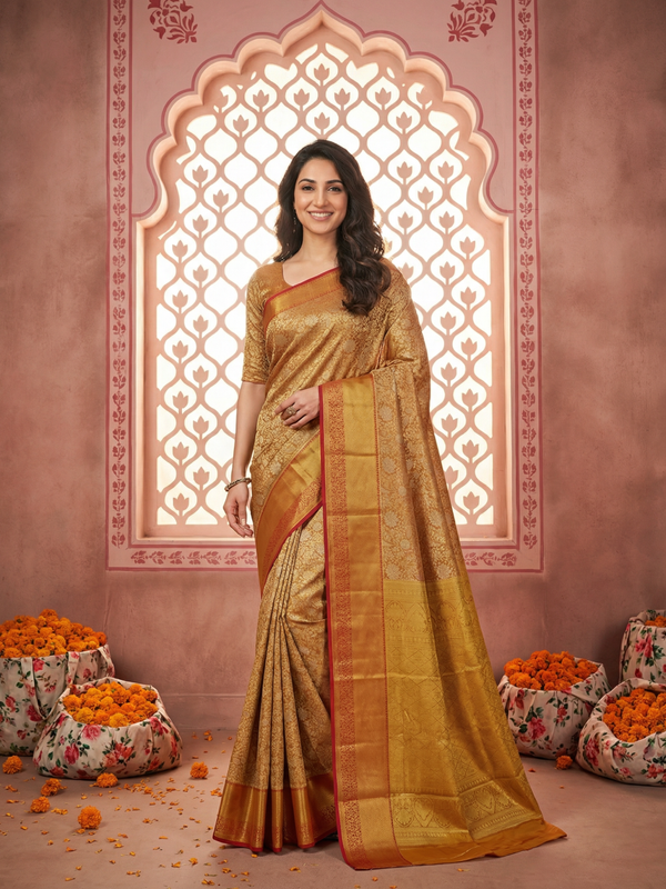 Emerald Green Gadwal Inspired Semi Silk Saree with Wide Contrast Border