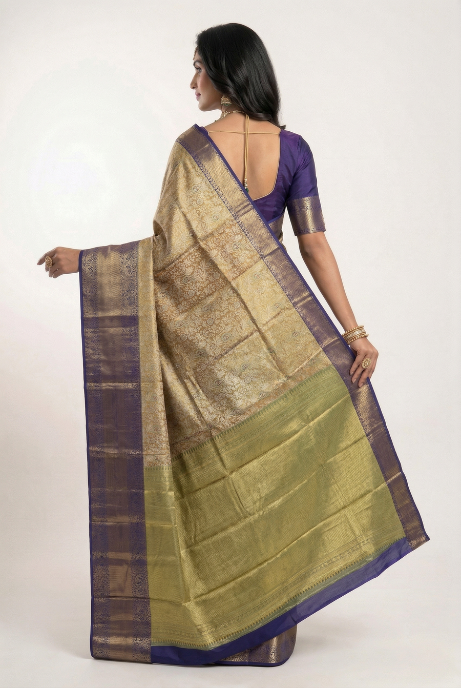 Antique Gold Kanchipuram Inspired Semi Silk Saree with Royal Blue Wide Border