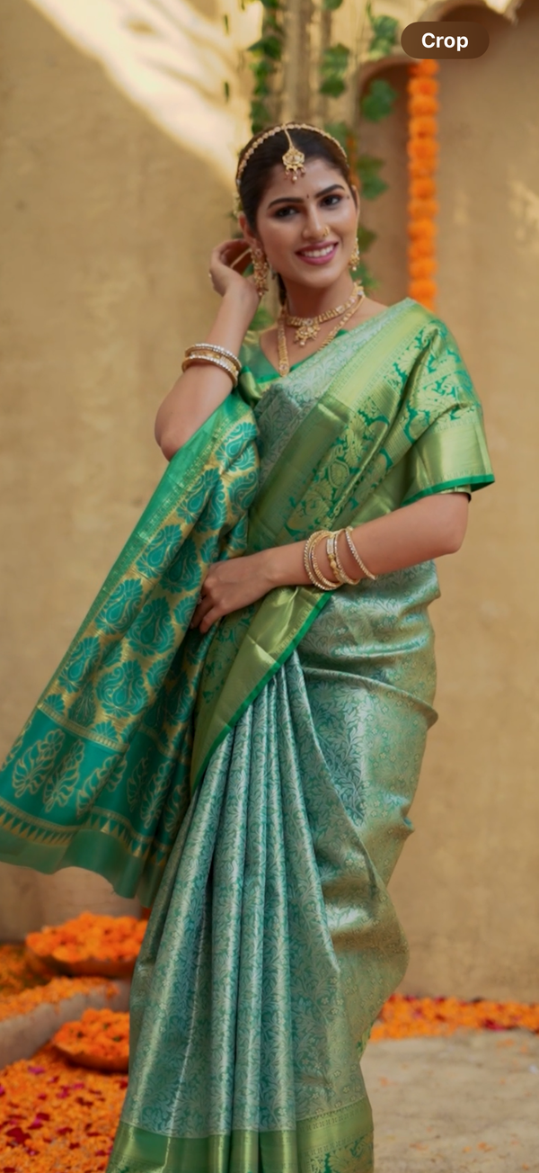 Mehendi Green Kanchipuram Inspired Semi Silk Saree with Floral Zari Brocade & Heritage Border