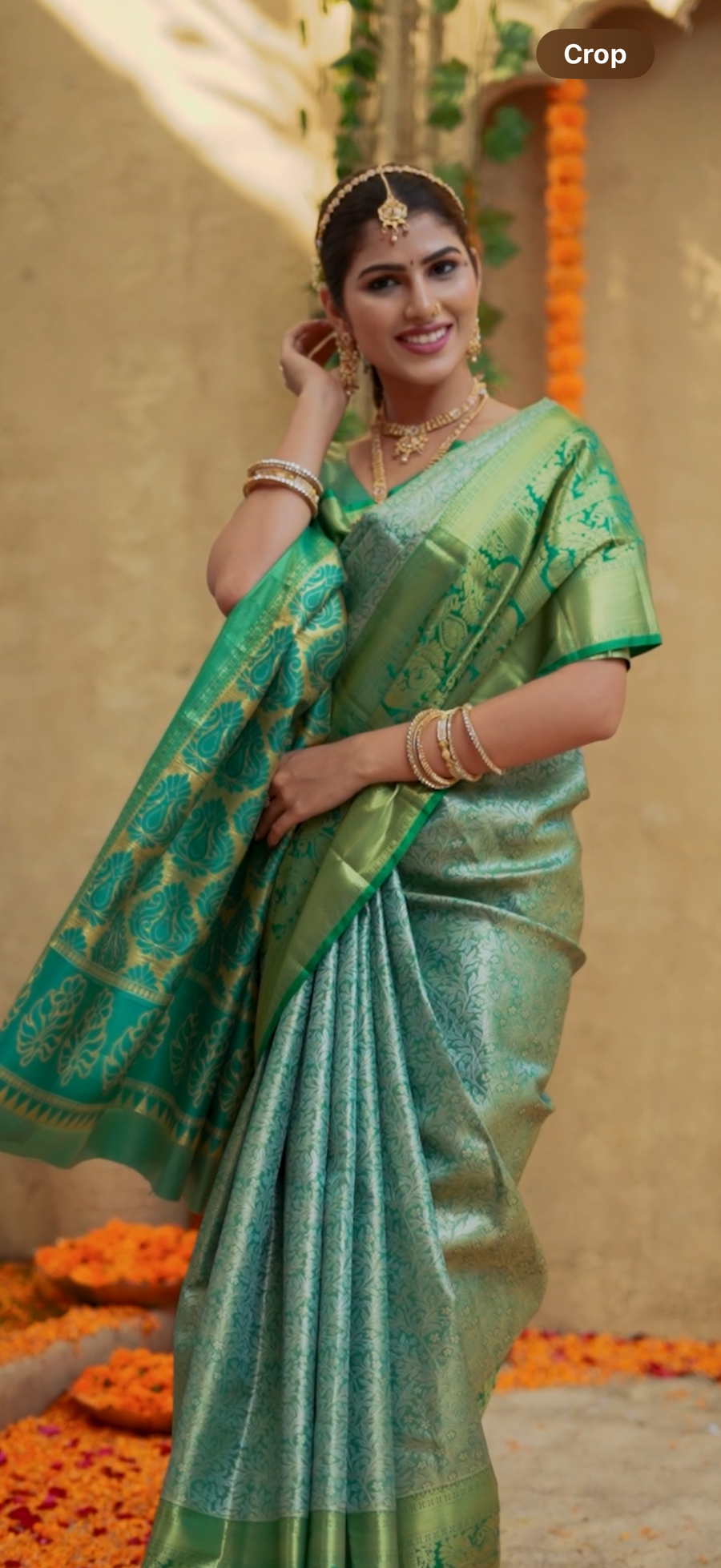 Mehendi Green Kanchipuram Inspired Semi Silk Saree with Floral Zari Brocade & Heritage Border