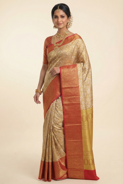 Olive Green Kanchipuram Inspired Semi Silk Saree with Wide Contrast Border