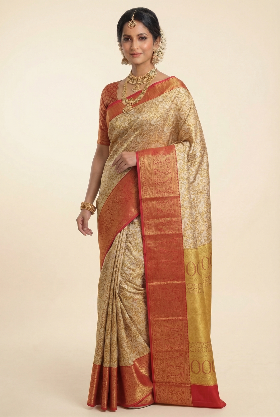 Olive Green Kanchipuram Inspired Semi Silk Saree with Wide Contrast Border
