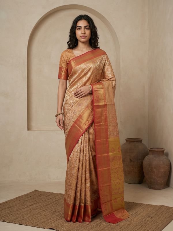 Peach Orange Uppada Inspired Semi Silk Saree with Contrast Border