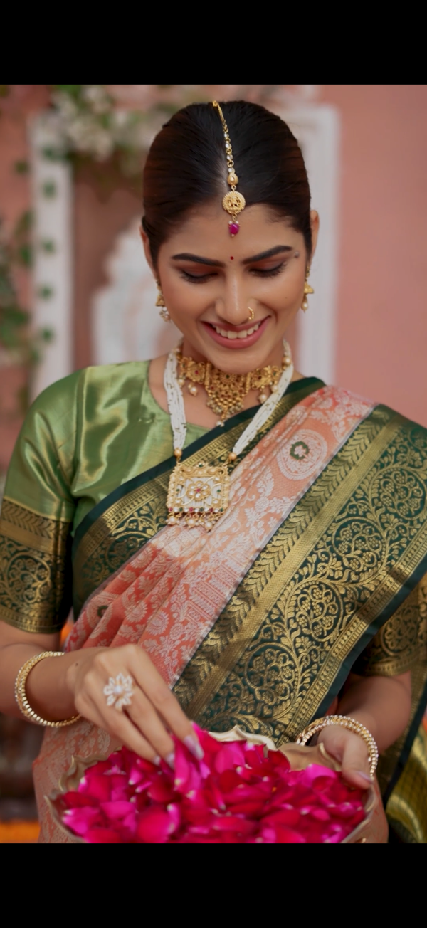 Parrot Green & Peach Kanchipuram Inspired Semi Silk Saree with Floral Zari Brocade & Temple Border