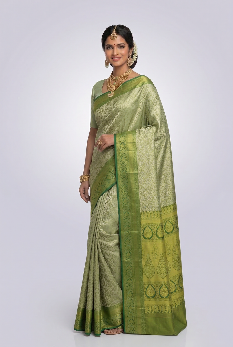 Beige Gold Kanchipuram Inspired Semi Silk Saree with Wide Contrast Border