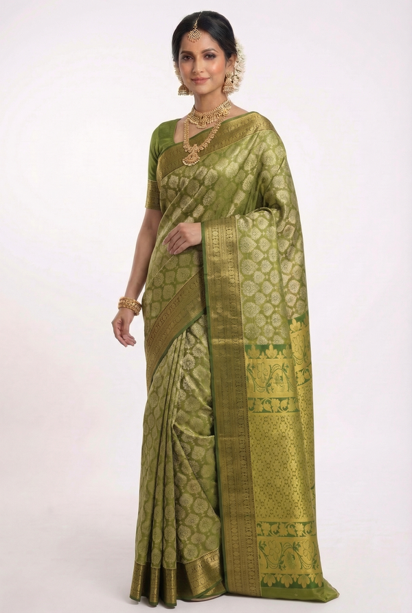 Mustard Yellow Kanchipuram Inspired Semi Silk Saree with Wide Contrast Border