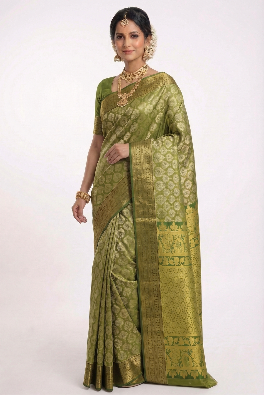 Mustard Yellow Kanchipuram Inspired Semi Silk Saree with Wide Contrast Border