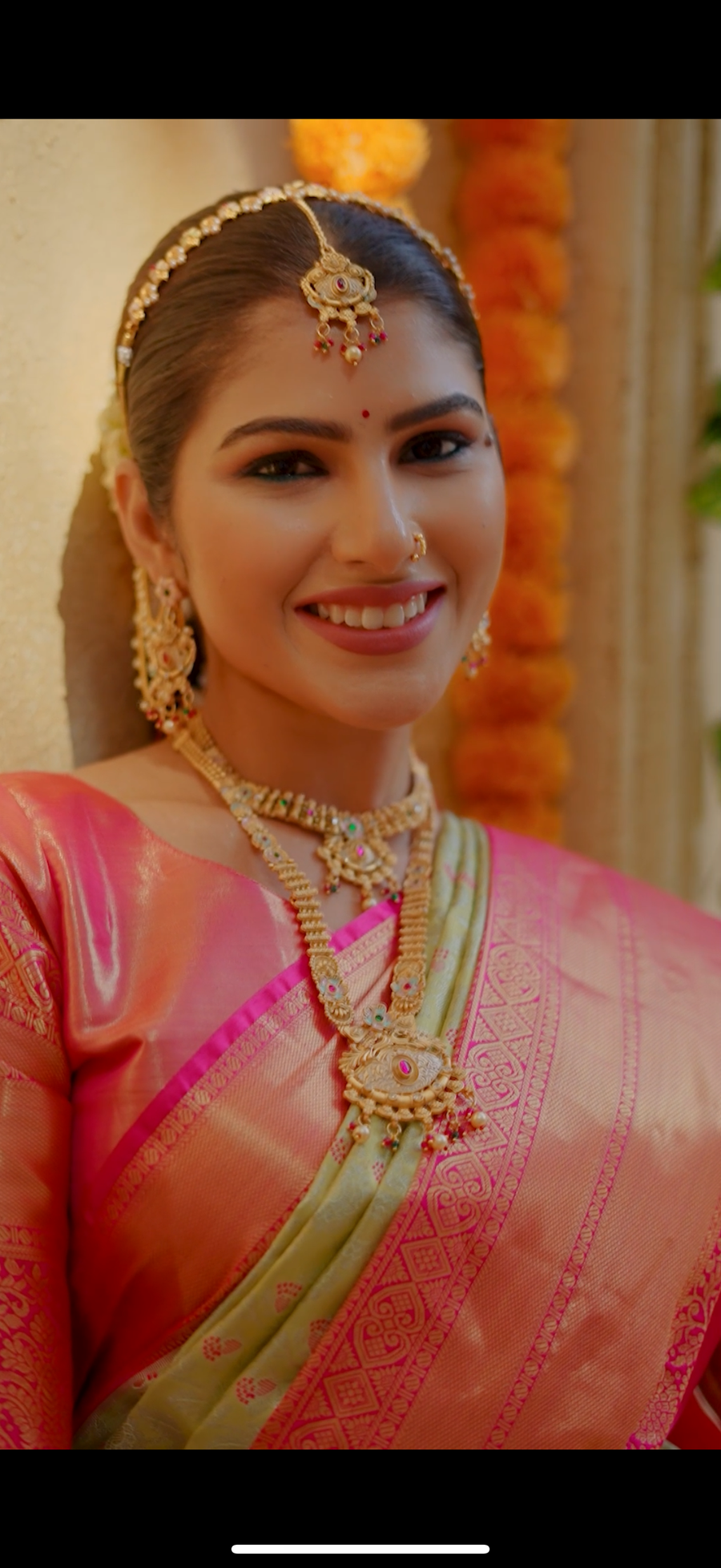 Pistachio Pastel Green & Coral Pink Kanchipuram Inspired Semi Silk Saree with Geometric Zari Border
