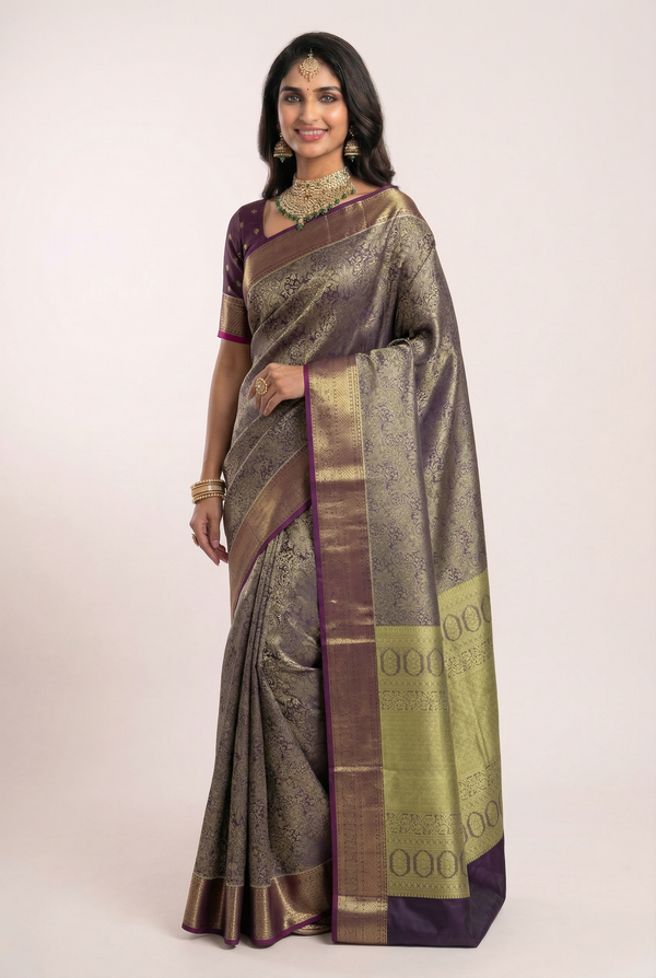 Purple Gold Dharmavaram Inspired Semi Silk Saree with Wide Contrast Border