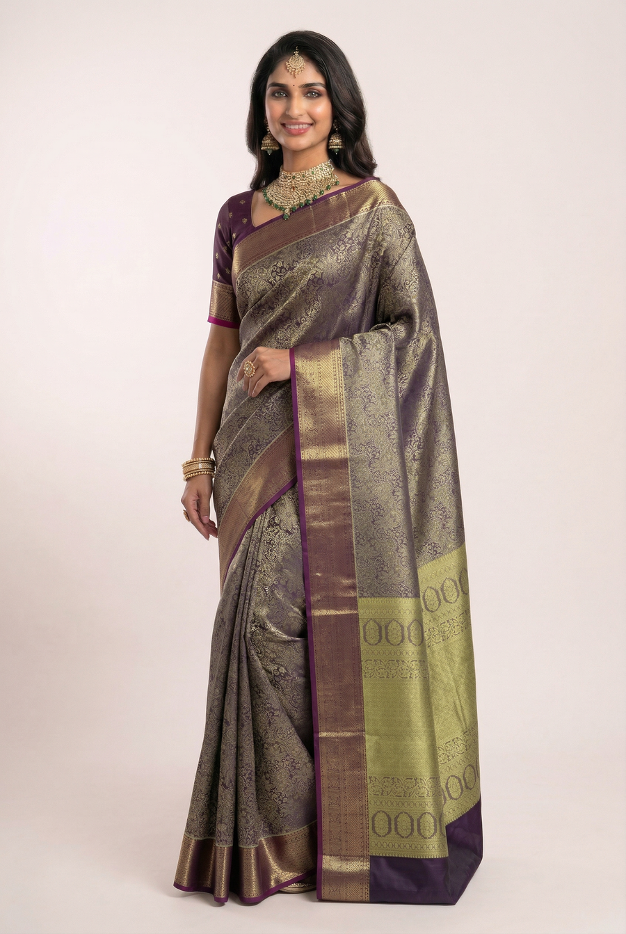 Purple Gold Dharmavaram Inspired Semi Silk Saree with Wide Contrast Border