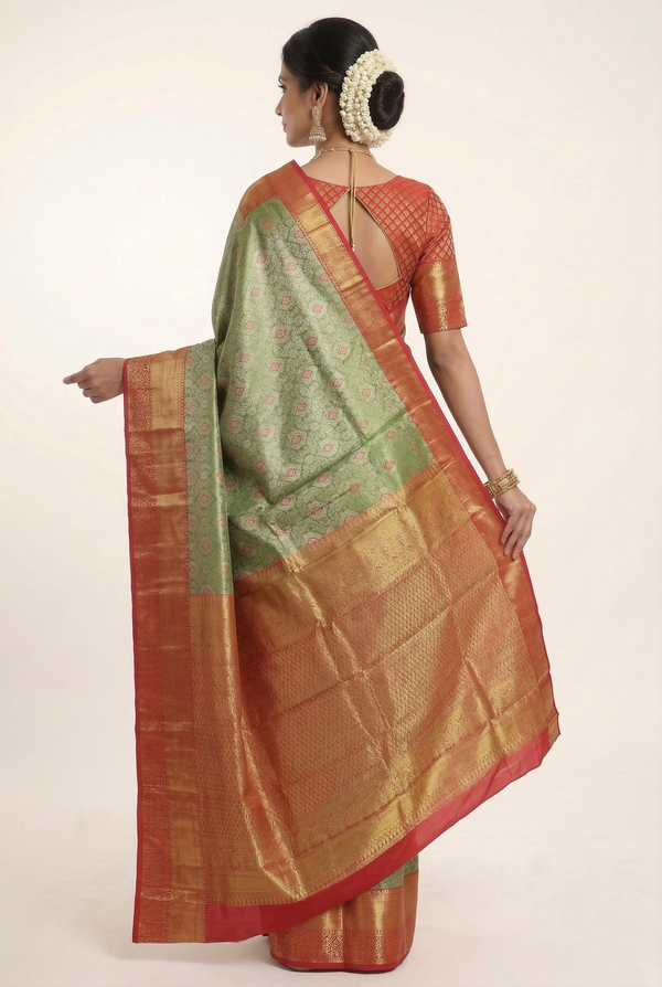 Olive Green Kanchipuram Inspired Semi Silk Saree with Wide Contrast Border
