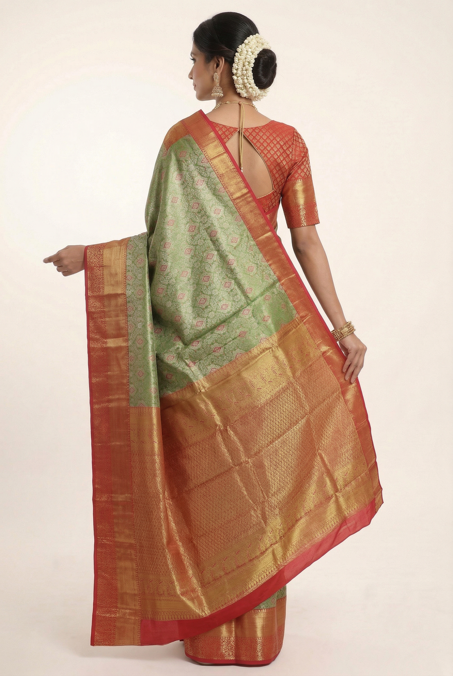 Olive Green Kanchipuram Inspired Semi Silk Saree with Wide Contrast Border