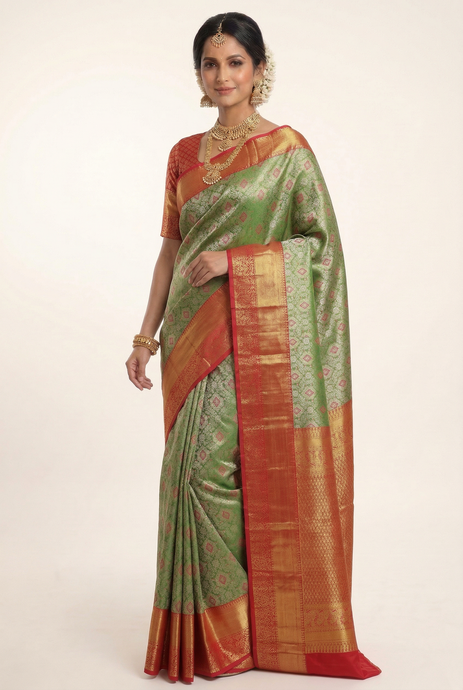 Olive Green Kanchipuram Inspired Semi Silk Saree with Wide Contrast Border