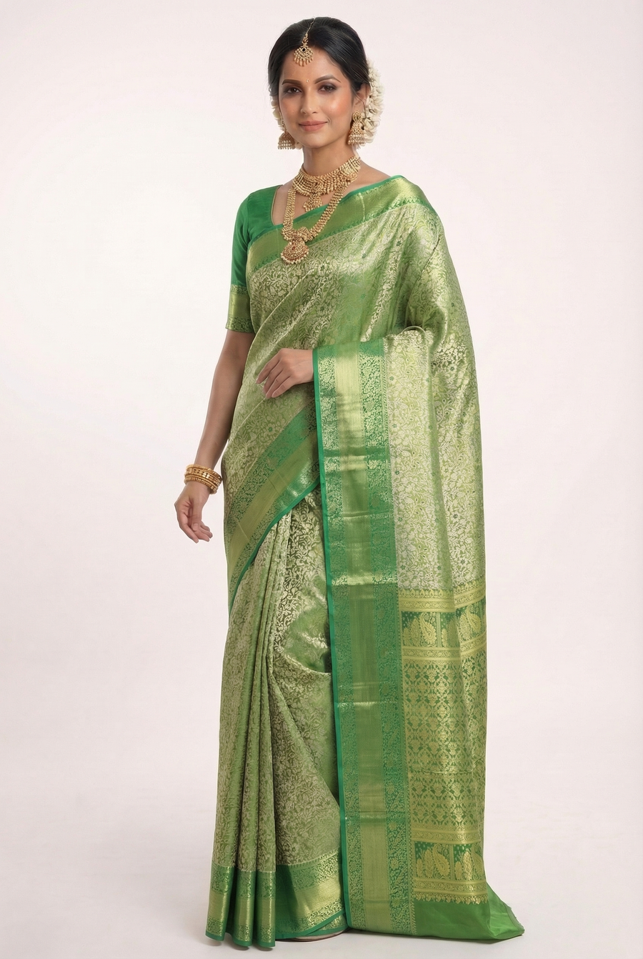 Emerald Green Gadwal Inspired Semi Silk Saree with Wide Contrast Border