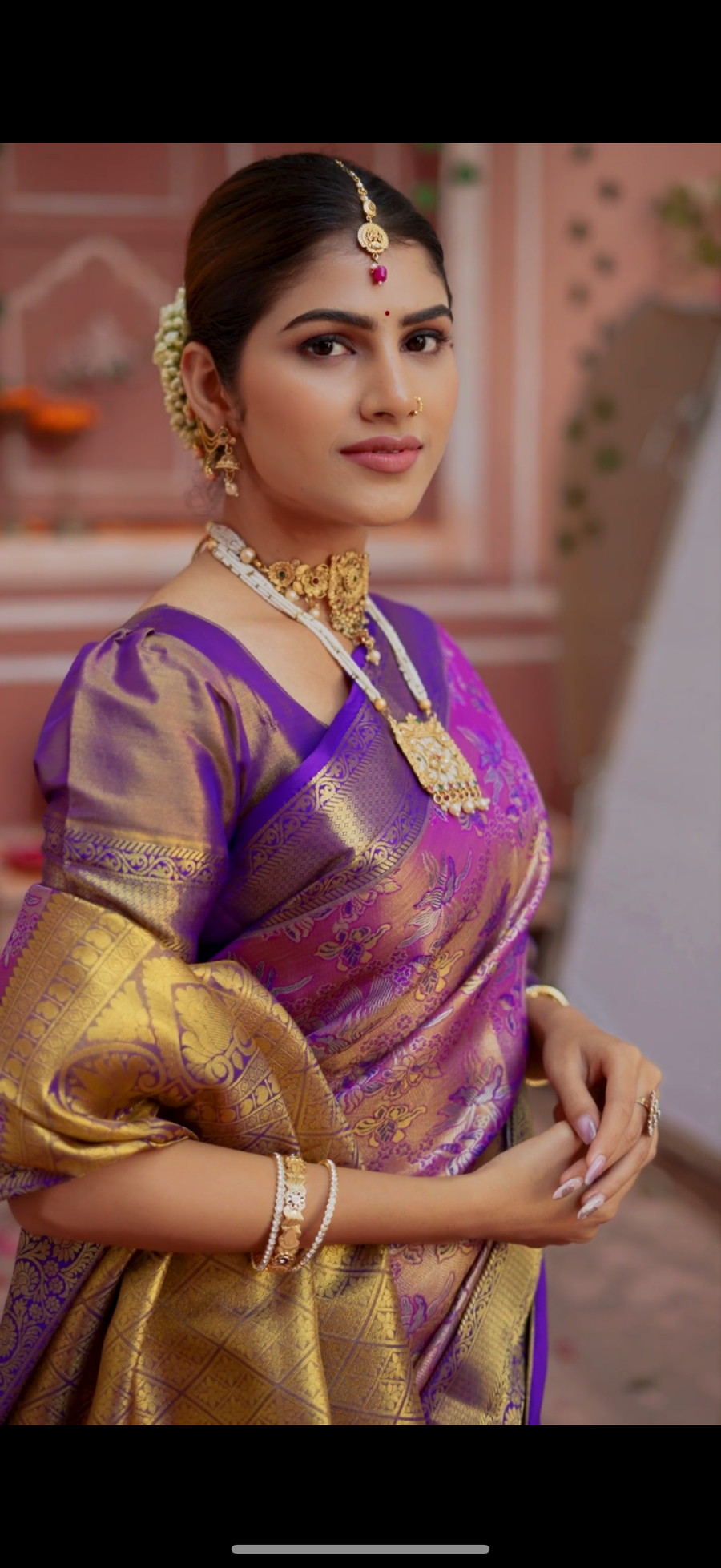 Royal Purple Kanchipuram Semi Silk Saree with Floral Zari Brocade & Antique Gold Border