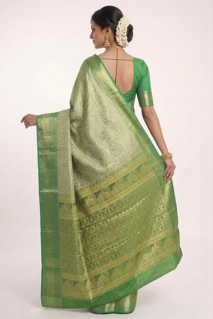 Emerald Green Gadwal Inspired Semi Silk Saree with Wide Contrast Border