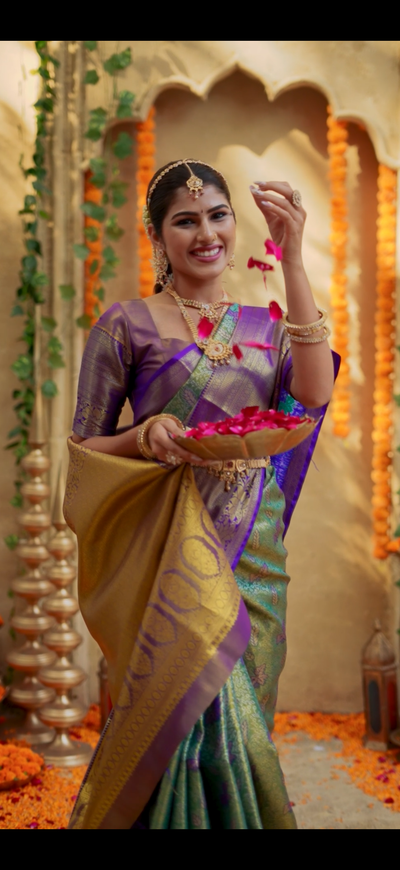 Emerald Green & Royal Purple Kanchipuram Inspired Semi Silk Saree with Zari Motifs & Gold Pallu