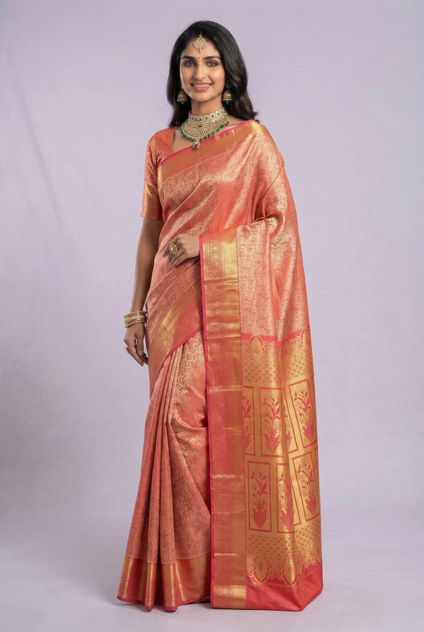 Mustard Gold Kanchipuram Inspired Semi Silk Saree with Wide Contrast Border
