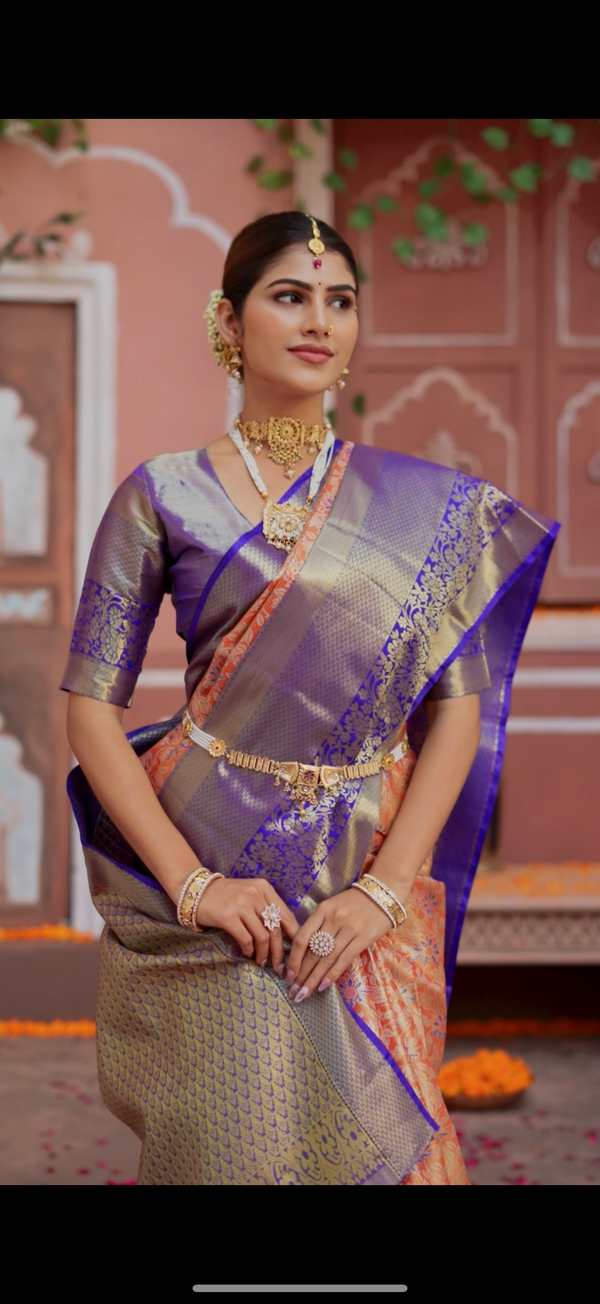 Olive Gold & Royal Blue Gadwal & Kanchipuram Fusion Semi Silk Saree with Zari Woven Border