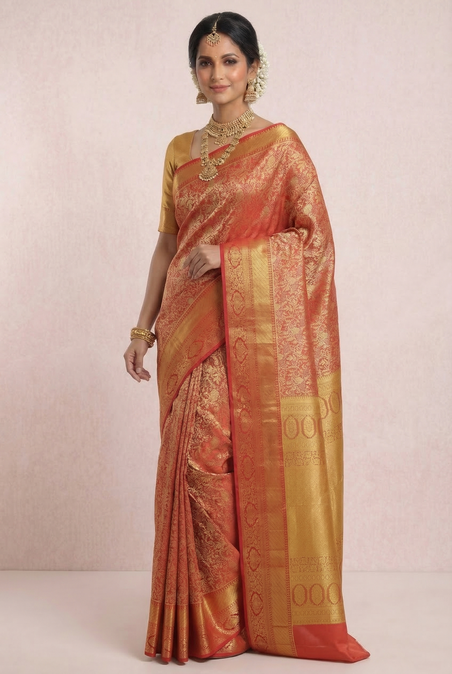 Coral Red Kanchipuram Inspired Semi Silk Saree with Wide Self Border