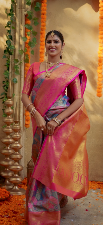 Rani Pink & Sunset Orange Kanchipuram Inspired Semi Silk Saree with Floral Zari Brocade & Gold Pallu