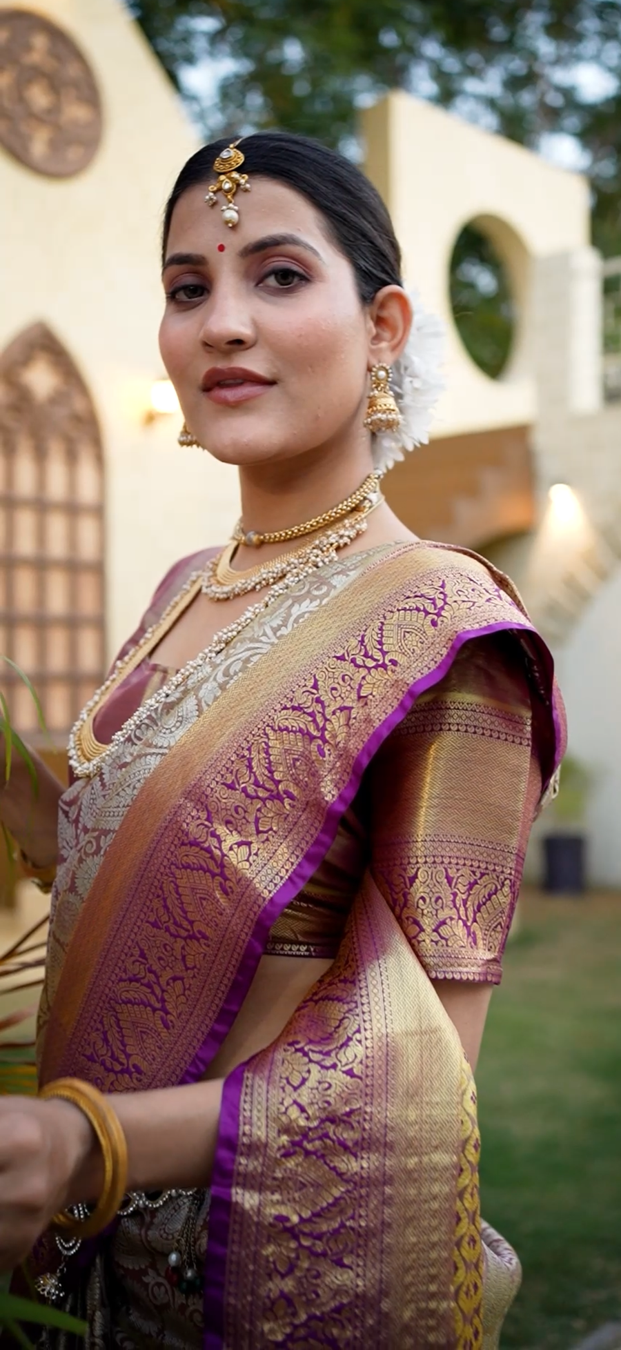 Antique Beige & Royal Purple Kanchipuram Bridal Semi Silk Saree with Floral Zari Brocade & Gold Pallu