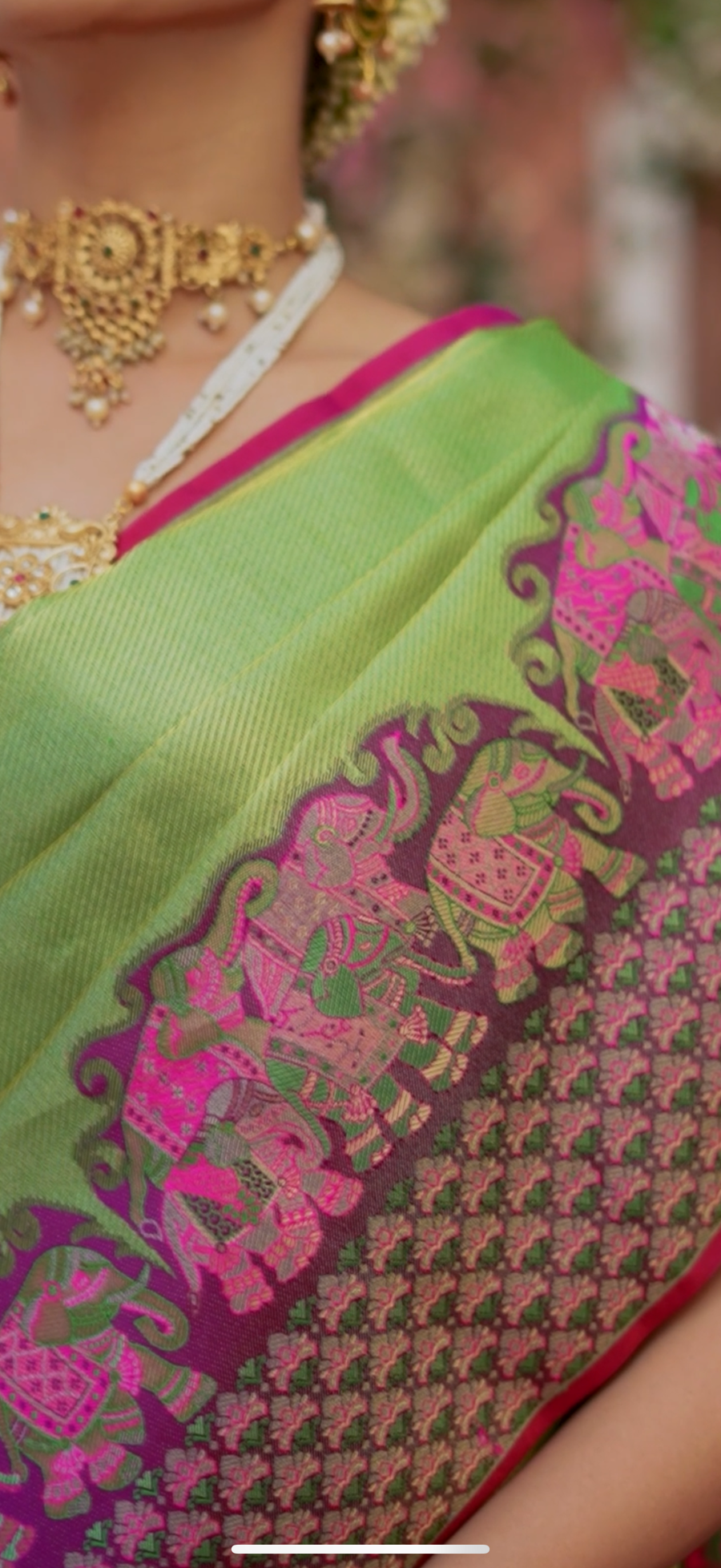 Lime Green & Magenta Kanchipuram Kalamkari Fusion Semi Silk Saree with Elephant Zari Border & Heritage Pallu