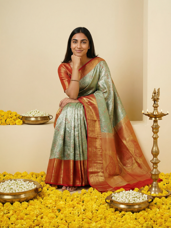 Mustard Gold Kanchipuram Inspired Semi Silk Saree with Wide Contrast Border