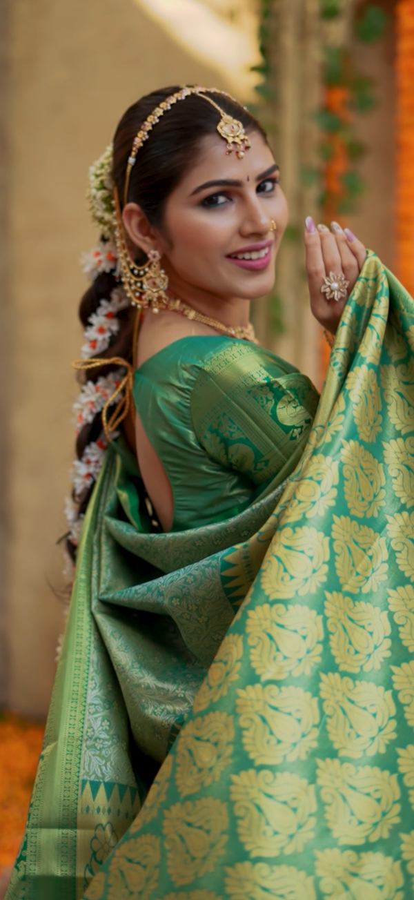 Mehendi Green Kanchipuram Inspired Semi Silk Saree with Floral Zari Brocade & Heritage Border