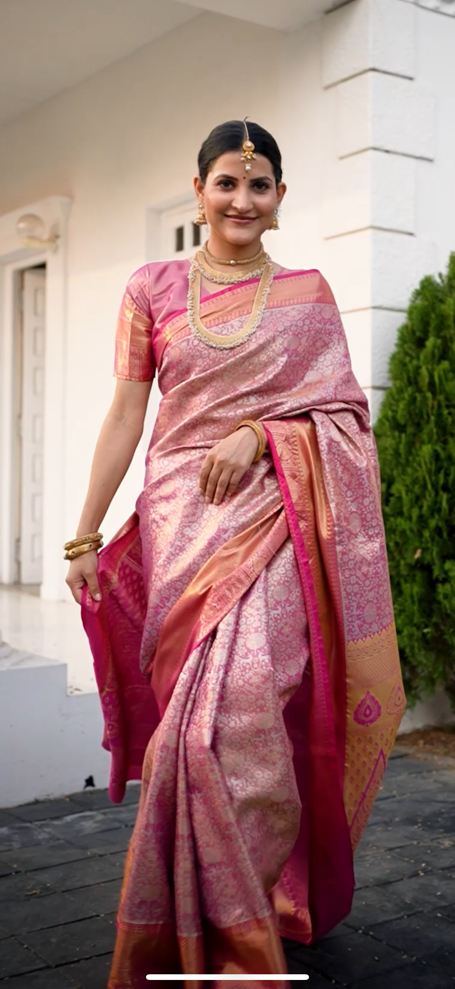 Rose Pink Kanchipuram Inspired Semi Silk Saree with Floral Zari Brocade & Bridal Pallu