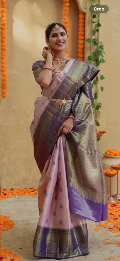 Blush Pastel Pink & Royal Blue Kanchipuram Semi Silk Saree with Zari Butta & Contrast Border