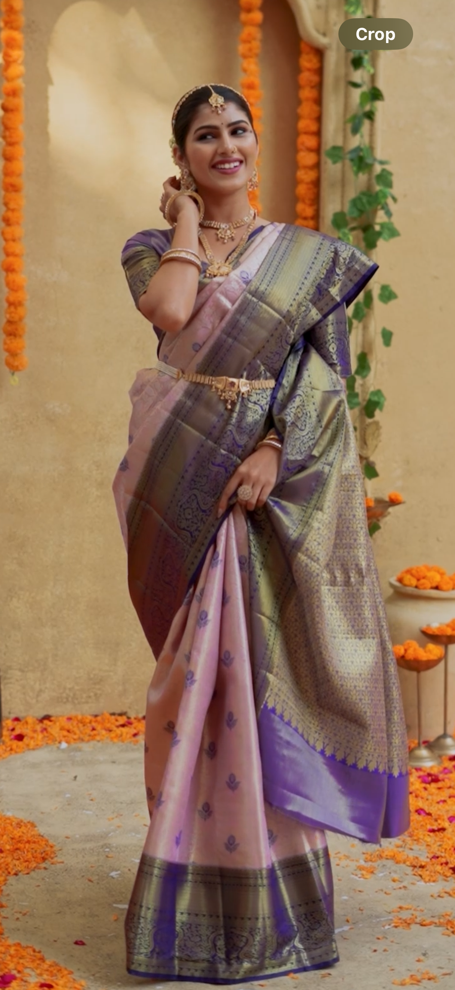 Blush Pastel Pink & Royal Blue Kanchipuram Semi Silk Saree with Zari Butta & Contrast Border