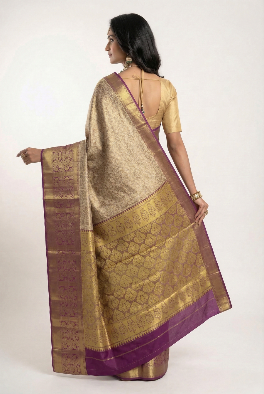 Peach Orange Kanchipuram Inspired Semi Silk Saree with Wide Contrast Border
