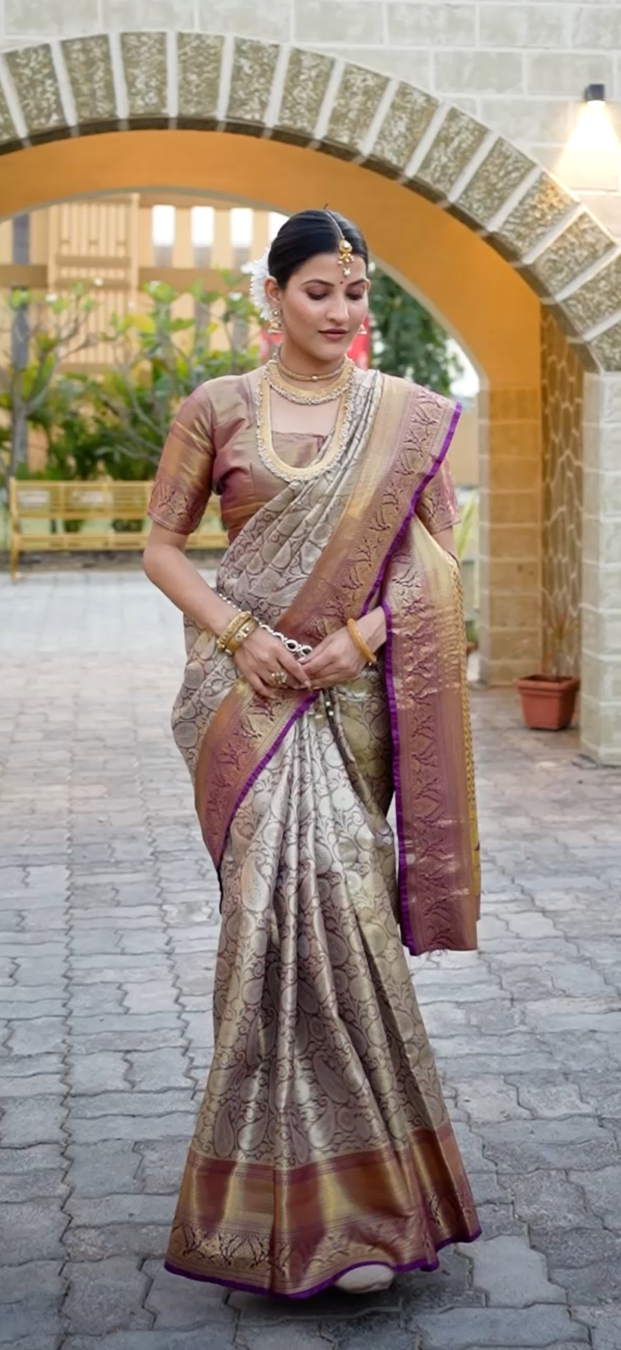 Antique Beige & Royal Purple Kanchipuram Bridal Semi Silk Saree with Floral Zari Brocade & Gold Pallu