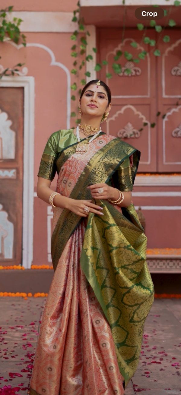 Parrot Green & Peach Kanchipuram Inspired Semi Silk Saree with Floral Zari Brocade & Temple Border