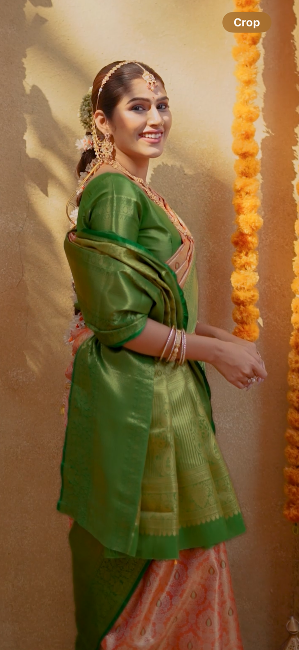 Leaf Green & Peach Kanchipuram Inspired Semi Silk Saree with Floral Brocade & Zari Border