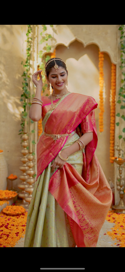 Pistachio Pastel Green & Coral Pink Kanchipuram Inspired Semi Silk Saree with Geometric Zari Border
