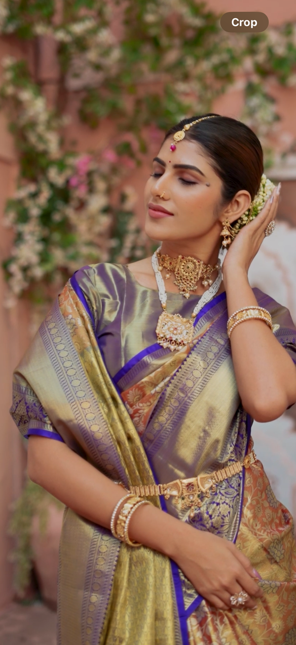 Olive Gold & Royal Blue Gadwal Inspired Semi Silk Saree with Brocade Pleats & Rich Zari Pallu