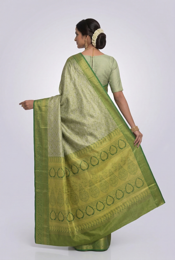 Beige Gold Kanchipuram Inspired Semi Silk Saree with Wide Contrast Border