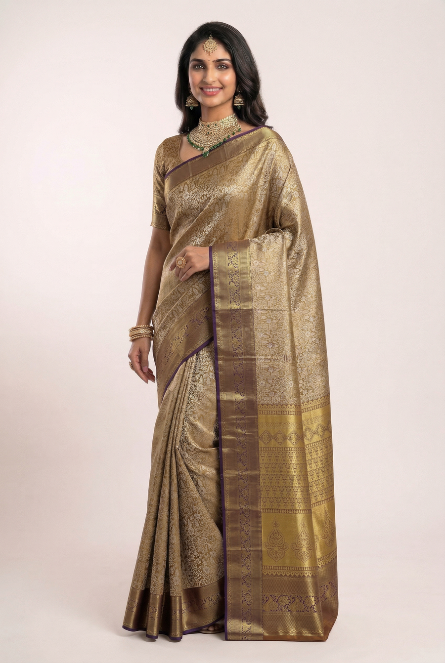 Mustard Yellow Kanchipuram Inspired Semi Silk Saree with Wide Contrast Border