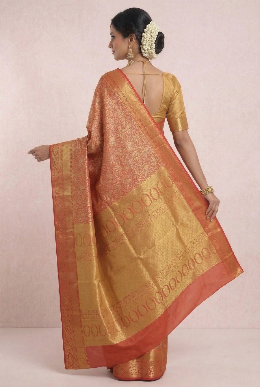 Coral Red Kanchipuram Inspired Semi Silk Saree with Wide Self Border