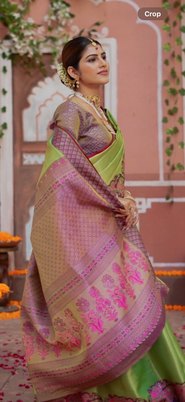 Lime Green & Magenta Kanchipuram Kalamkari Fusion Semi Silk Saree with Elephant Zari Border & Heritage Pallu