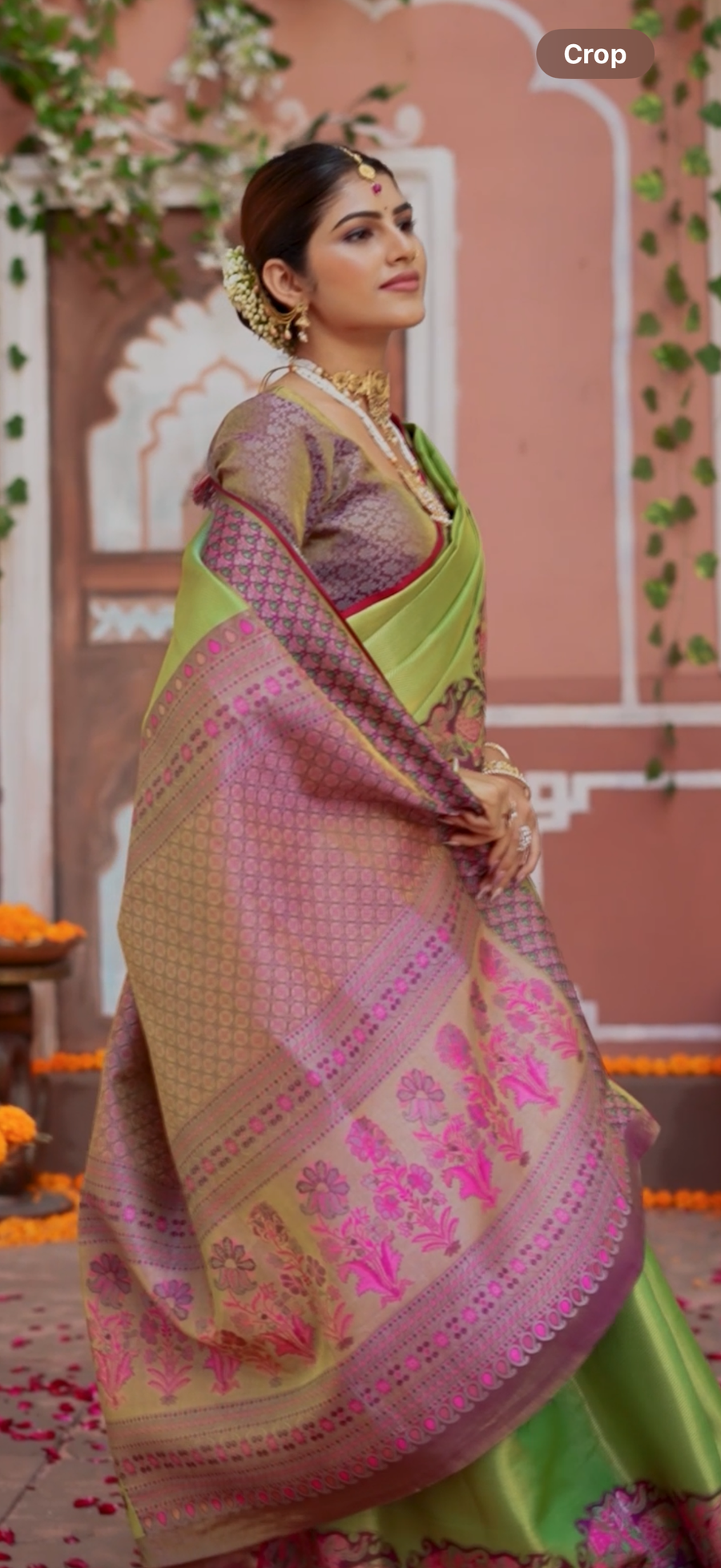 Lime Green & Magenta Kanchipuram Kalamkari Fusion Semi Silk Saree with Elephant Zari Border & Heritage Pallu